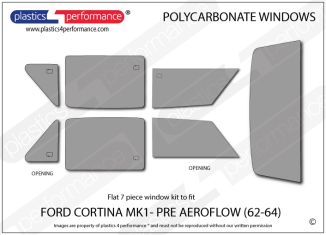FORD - Cortina MK1/ LOTUS Cortina MK1 - Lexan polycarbonate window kit to fit PRE-AEROFLOW models from 1962 - Oct 1964 (Opening front vents and rear quarter windows)