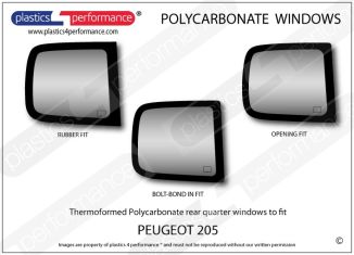 PEUGEOT 205 - Lexan Polycarbonate right rear quarter window available in rubber fit, bold-bond in fit, and opening fit